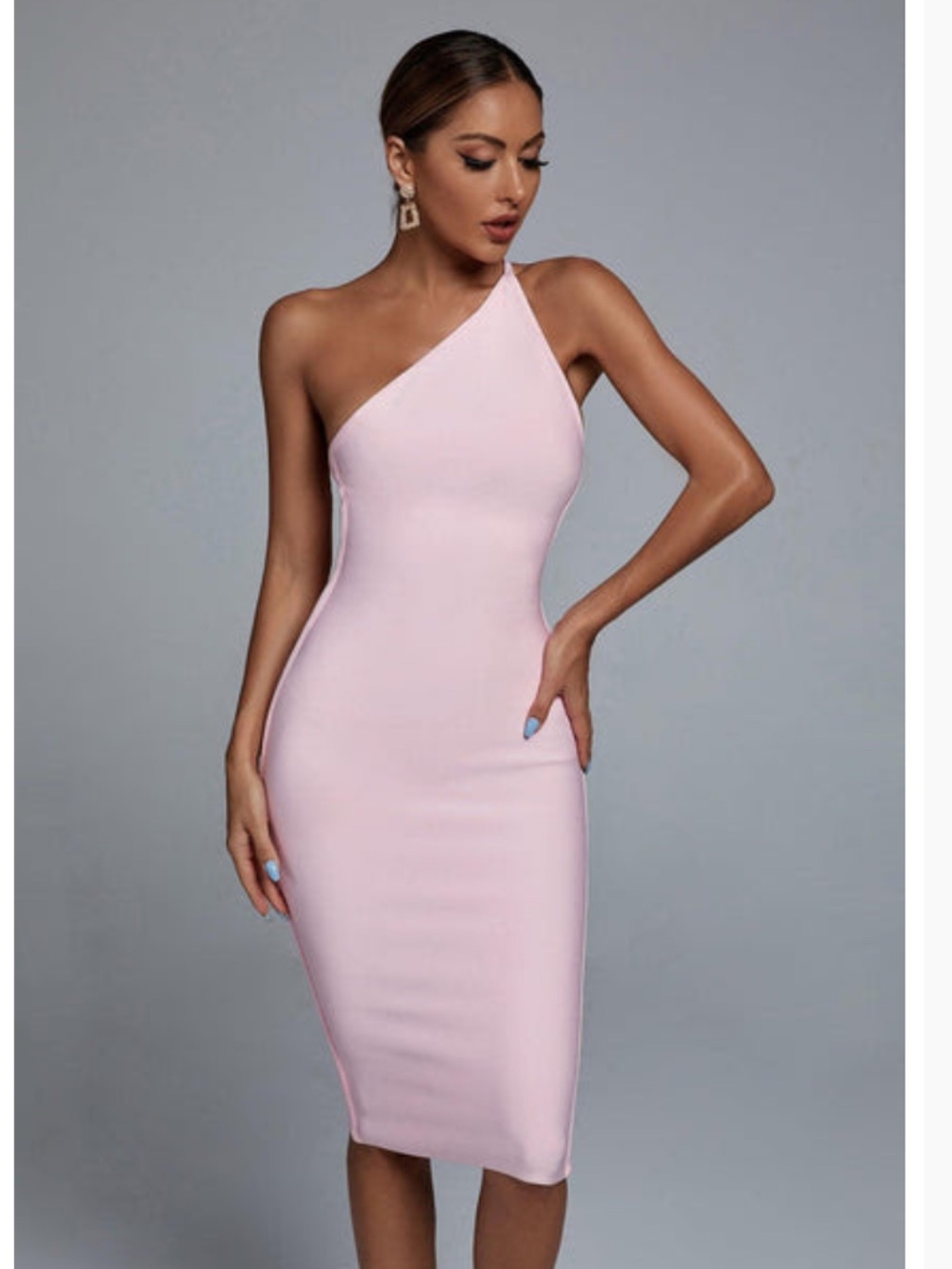 Bella Barnett - One-Shoulder Pink Midi Bandage Dress
